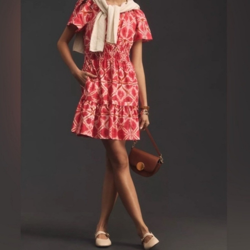 By Anthropologie Somerset Mini Dress Tie Dye Smocked Waist Pink Orange Medium